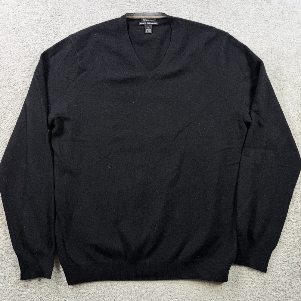 Club Monaco Sweater Mens Large Black 100% Cashmere V-Neck Pullover Lightweight